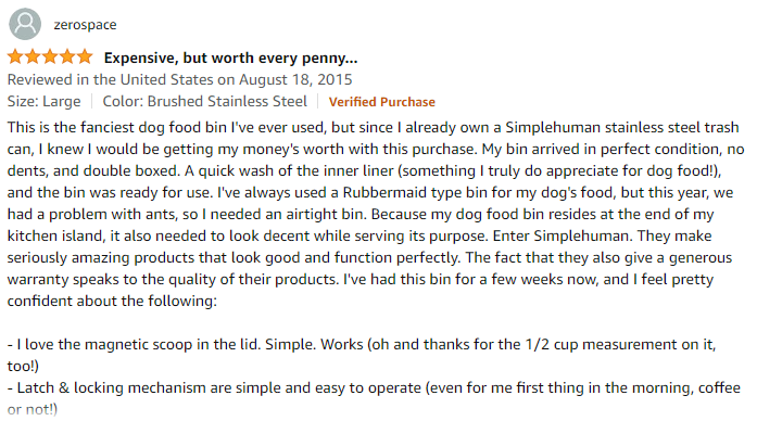 Review testimonial simplehuman pet food container